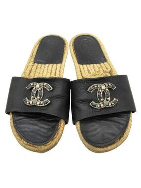 Chanel Sandals Espadrilles Color Stone CC Logo Flat Shoes 36 Black